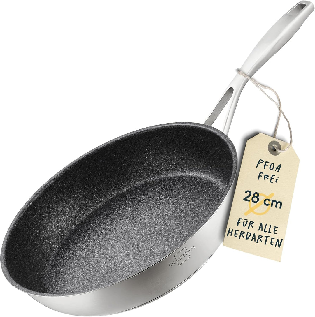 SILBERTHAL Bratpfanne Induktion 28 cm - Beschichtete Pfanne - Edelstahl - Für alle Herdarten - Ofenf