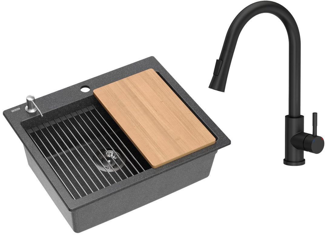 VBChome Set Spülbecken mit Armatur 60 x 50 cm Schwarz Spülmittelspender Siphon Matte Planke Granit S