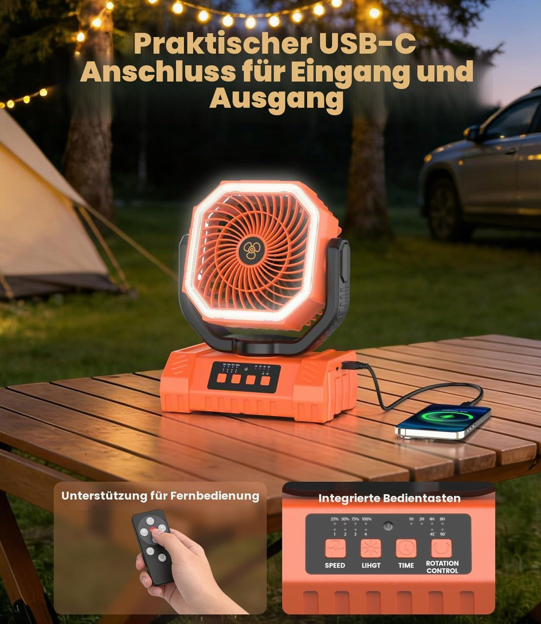Camping Ventilator, 20000mAh Tragbarer Ventilator Akku mit LED Licht &amp; Fernbedienung, Haken, USB Ven