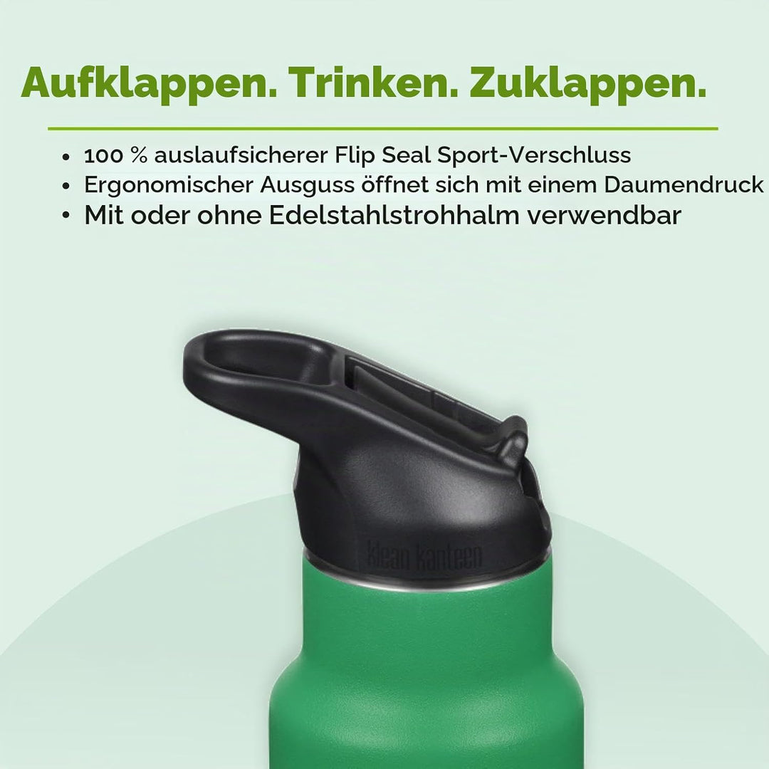 KLEAN KANTEEN Isolierte Kinderflasche, 355ml, mit Flip Sport Cap und Edelstahl-Trinkhalm, Grün/Dino