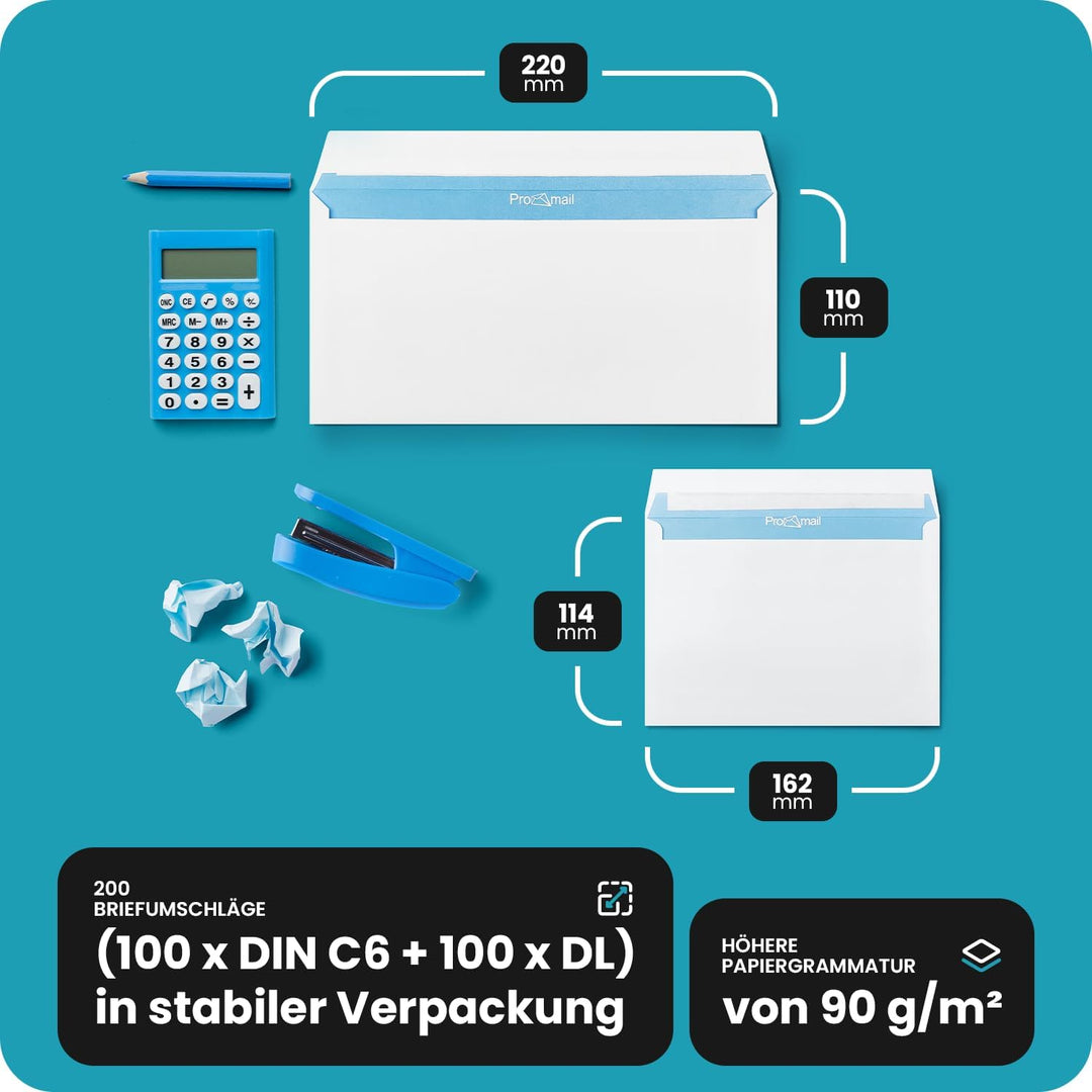 Netuno 200 Stück Briefumschläge DIN C6 & DL (je 100) Weiss ohne Fenster 90 g/m² mit Innendruck Haftk