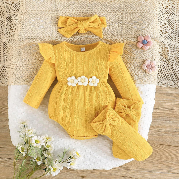 Kunyeah 3Pcs Baby Mädchen Outfits Kleinkind Ruffle Strampler Langarm Bodysuit+Bow Haarband+Socken Ne