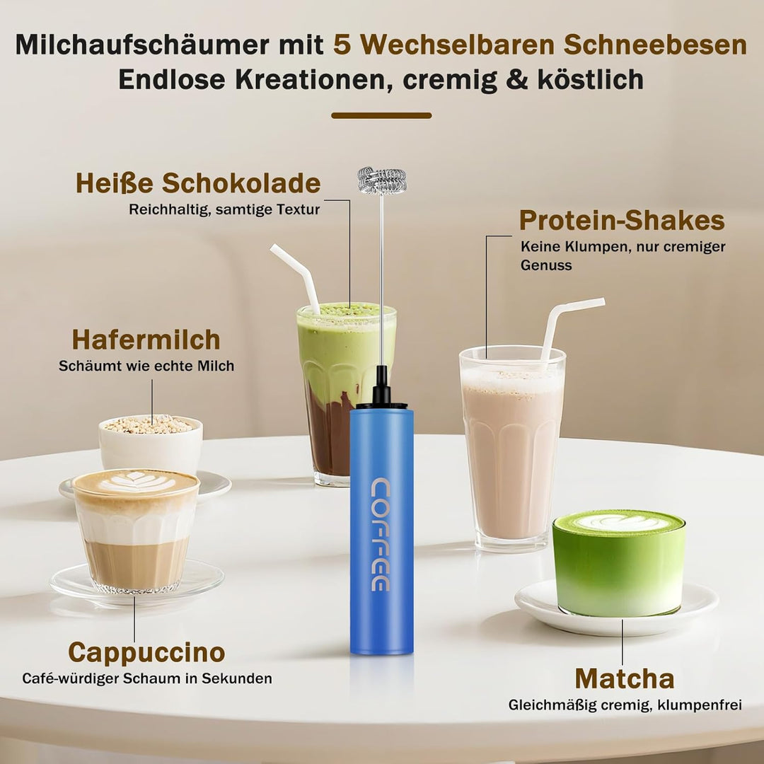 Milchschäumer Elektrisch USB-C mit 5 Wechselbaren Edelstahl-Schneebesen–2 Einstellbare Geschwindigke
