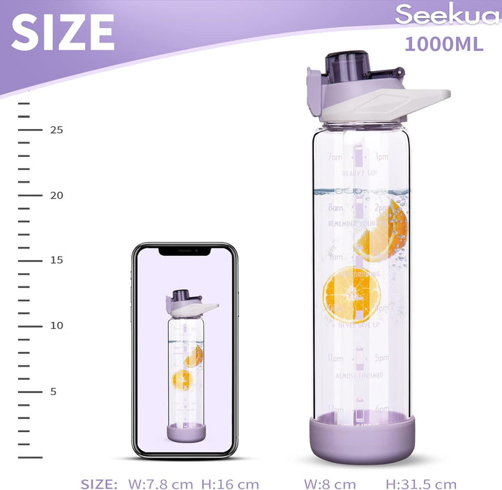 Seekua 1l Sport Trinkflasche Glas Flasche mit Strohhalm & Zeitmarkierung auslaufsicher bpa frei 1 li