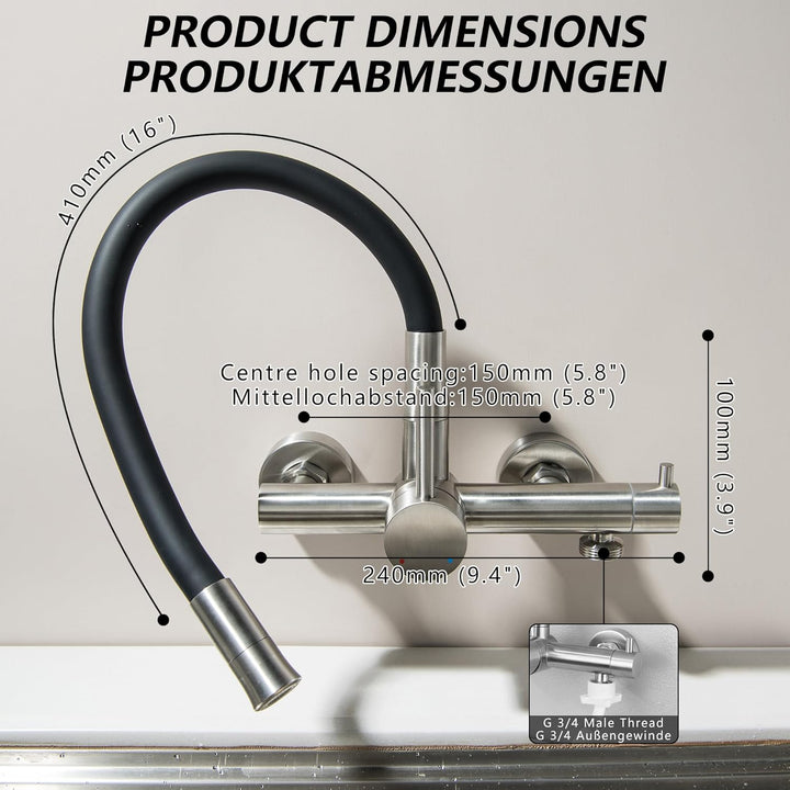 Wandarmatur Küche mit 3/4 Zoll Anschluss für Geschirrspüler/Waschmaschine, Küchenarmatur Wandmontage