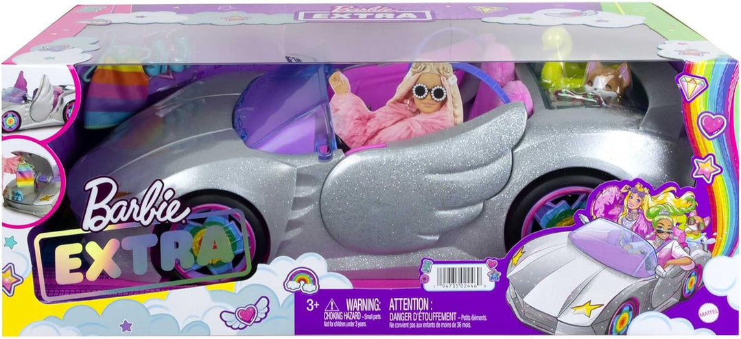 Barbie HDJ47 - Extra Auto Cabrio (glitzert) mit regenbogen Reifen, silbernes Cabrio, rosa Innenausst