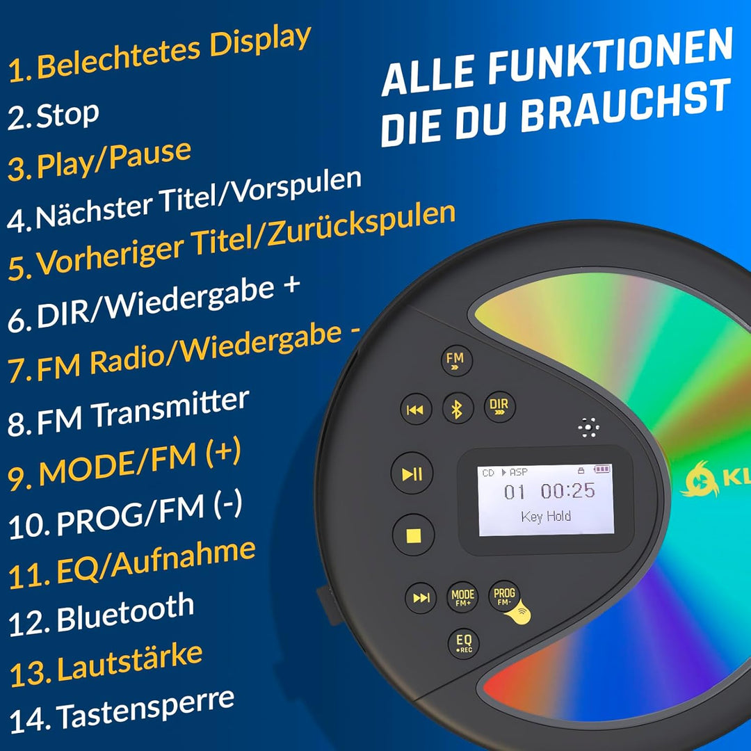 KLIM Discover Mit Kopfhörern - Tragbarer CD-Player mit langlebigem Akku - Kompatibler MP3-CD-Player