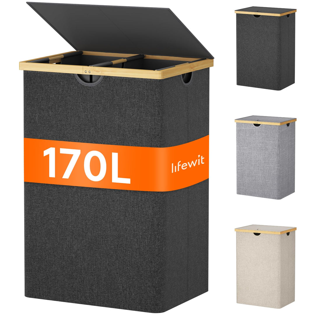 Lifewit 170L Bambus Wäschekorb mit Deckel, Faltbar Wäschesammler 3 Fächer Wäschesortierer mit Abnehm