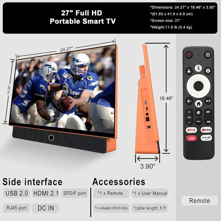 OFD Portable Smart TV 27 Zoll,Outdoor Fernseher 1080P Android14 OS,8Ω Dolby Audio,100% sRGB,WiFi-Unt