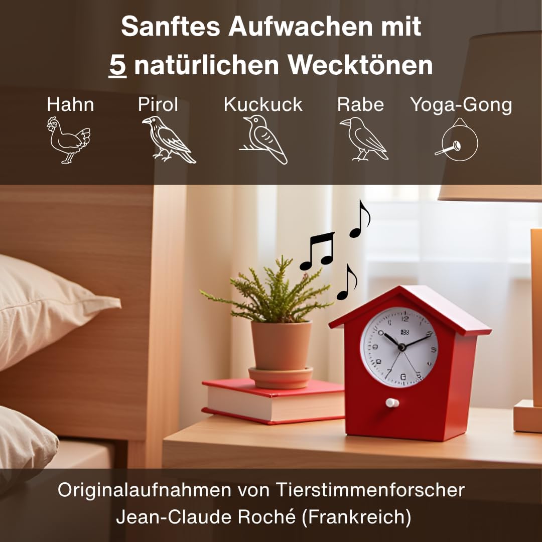 KOOKOO EarlyBird Rot, Wecker mit Vogelmelodie (Originalaufnahme) oder Dreiklangton