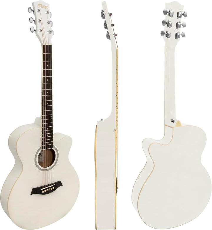 TIGER ACG1-WH Small Body Akustikgitarre, mit Stahlsaiten bespannte Akustikgitarre für Anfänger, Weis