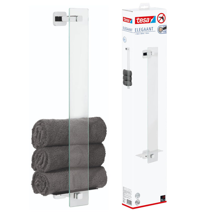 tesa ELEGAANT Handtuchhalter Gäste-WC, inkl. Klebelösung, edles Design, Metall, verchromt, garantier