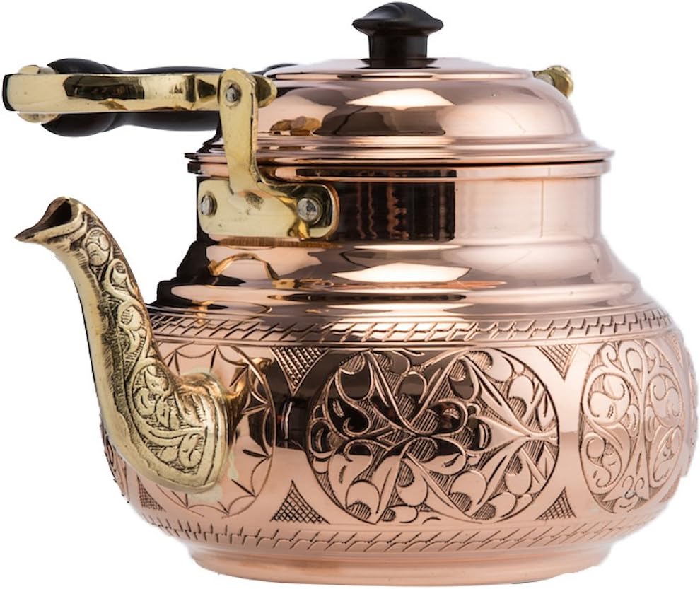 DEMMEX Teekanne mit Gravur, handgefertigt, 1 mm dick, unbeschichtetes Kupfer, 1,6 l