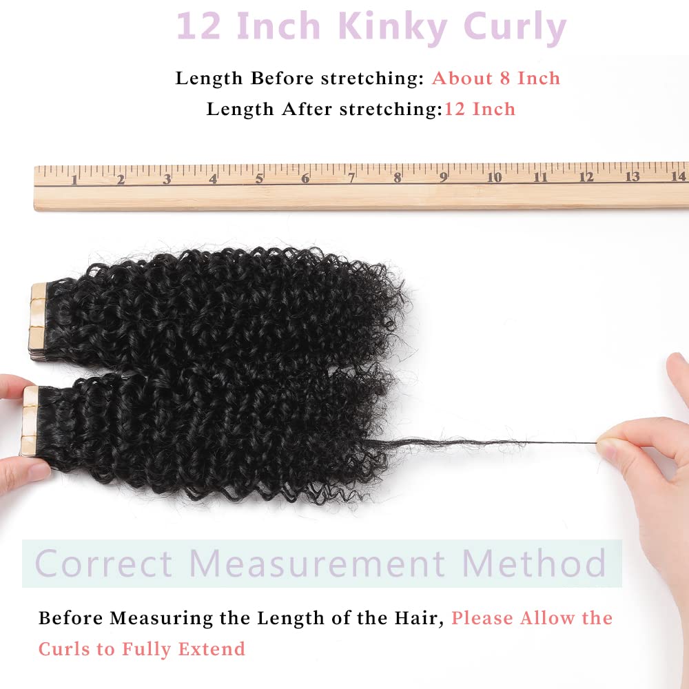 YDDM 12 Zoll Tape Extensions Echthaar 40 Stück 60g Schwarz Kinky Curly Tape In HaarverläNgerung Echt