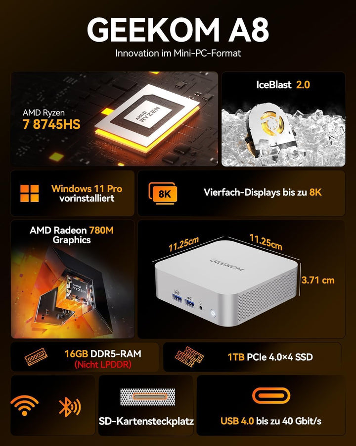 GEEKOM A8 Mini PC, AMD Ryzen 7 8845HS (8 Kerne 16 Threads, bis zu 5,1 GHz) Mini Gaming PC Windows 11