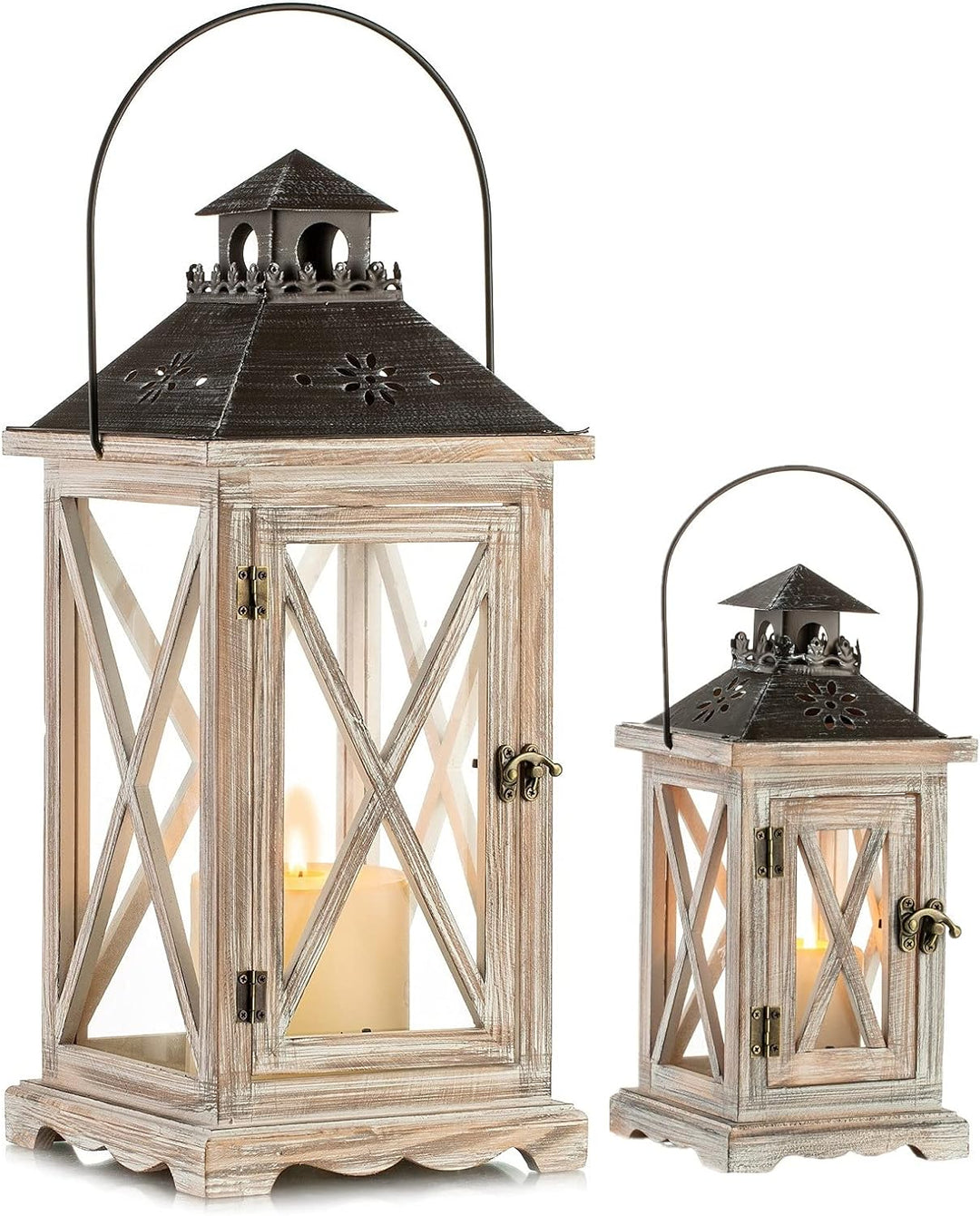 Romadedi Laterne Holz Gross Holzlaternen - Windlicht Gartenwindlicht 2 Stück Set, Rustikale Landhaus