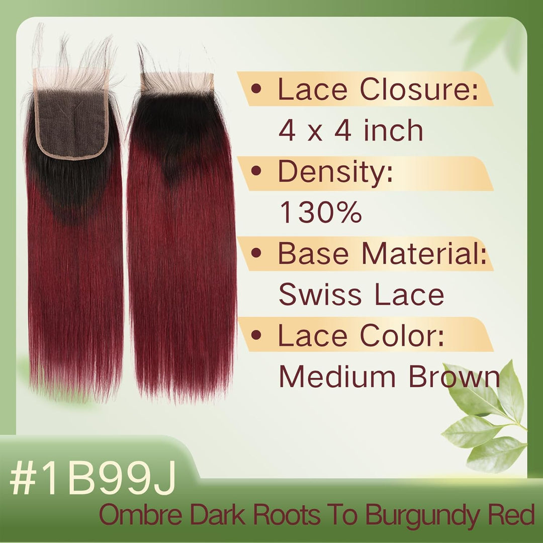 Brazilian Ombre 1B99J Straight 4X4 Lace Closure 100% Unprocessed Human Virgin Hair Red Wine Pre-Pluc