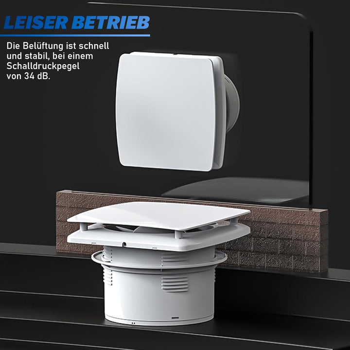 Badlüfter 100mm mit Nachlauf, ≤34db Leiser und Leistungsstarker Abluftventilator, 12W 2400U/min IPX4