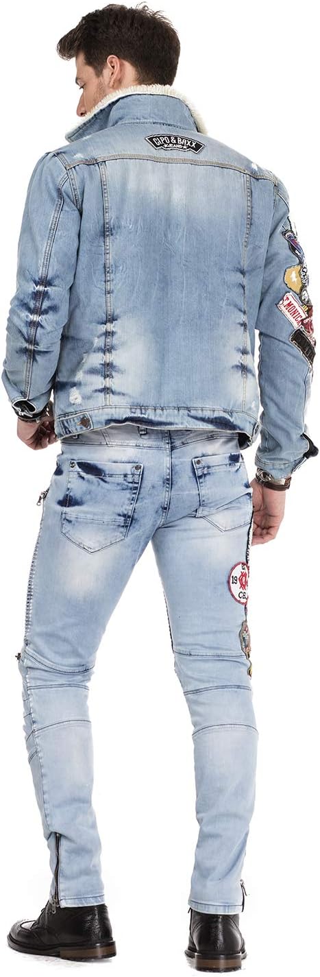 Cipo & Baxx Herren Jeanshose Biker STYL Slim Fit Denim Design Aufnähern Straight Fit Jeans Hose CD49