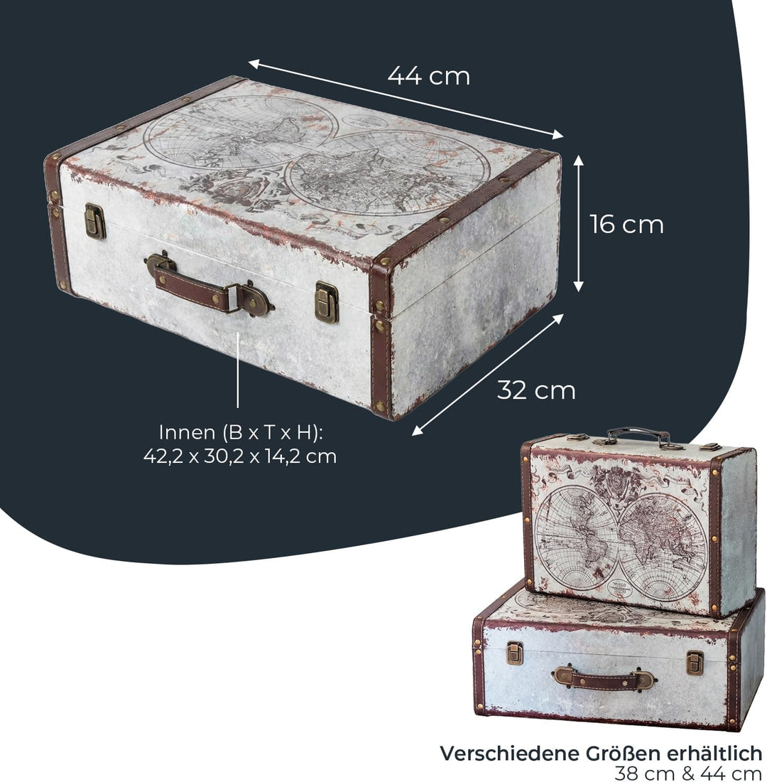 HMF Vintage Deko Koffer aus Holz, Aufbewahrungsbox mit Deckel und Ledergriff, stilvolle Aufbewahrung