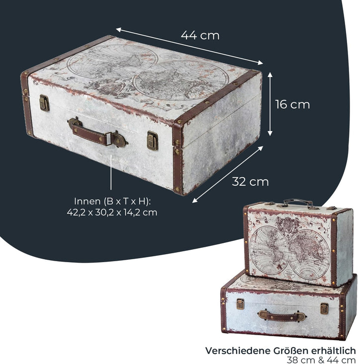 HMF Vintage Deko Koffer aus Holz, Aufbewahrungsbox mit Deckel und Ledergriff, stilvolle Aufbewahrung