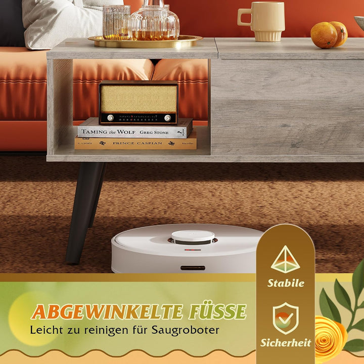 WLIVE Couchtisch Höhenverstellbar und Ausziehbar, Wohnzimmertisch mit Grossem Verstecktem Staufach,