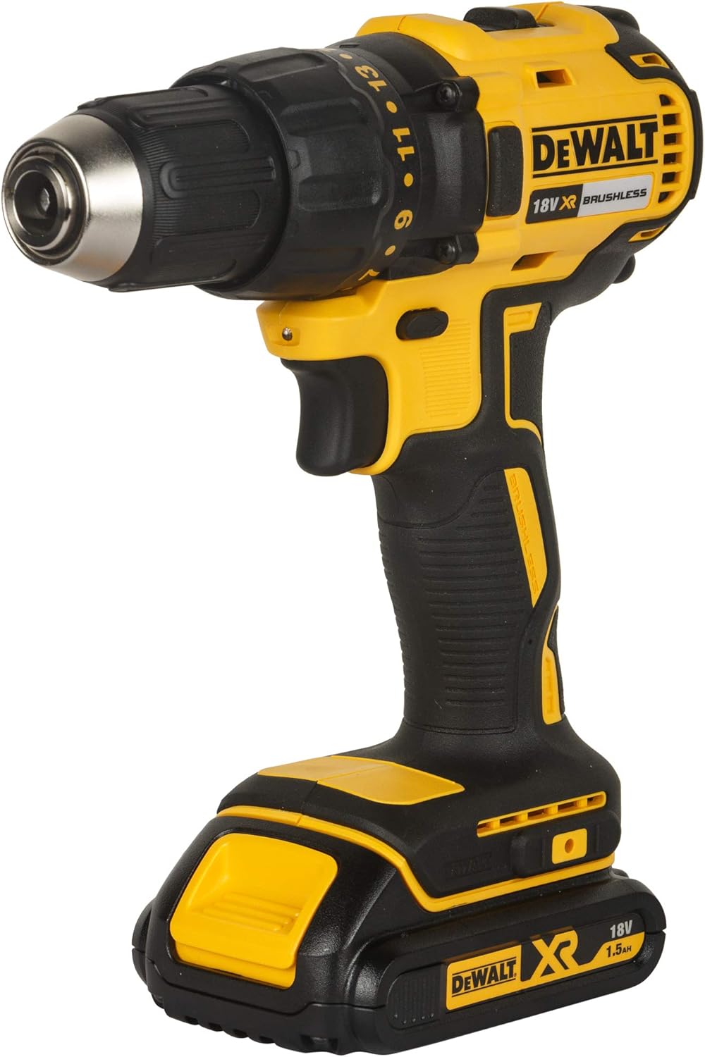 DEWALT Akku-Bohrschrauber (18V, 1.5 Ah, bürstenlos, mit Zwei-Gang-Vollmetallgetriebe, 15 Drehmoments