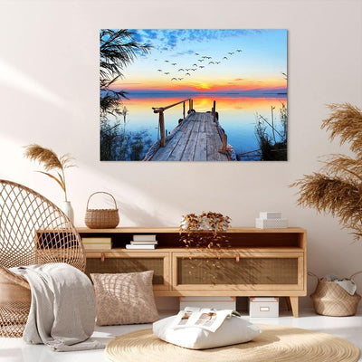 ARTTOR Bilder auf Leinwand 100x70cm Leinwandbild mit Rahmen Brücke See Gross Wanddeko Bild Schlafzim