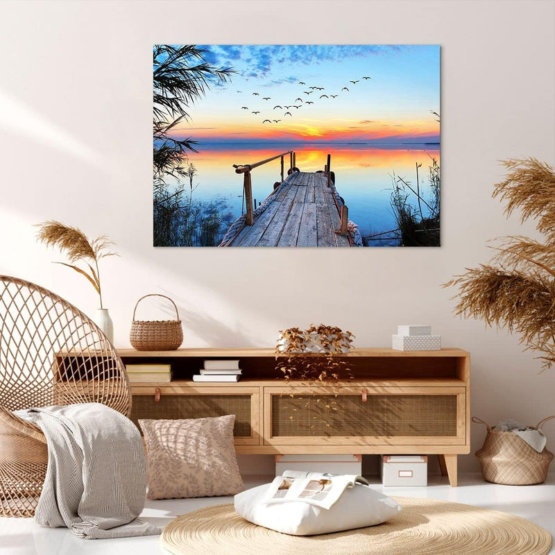 ARTTOR Bilder auf Leinwand 100x70cm Leinwandbild mit Rahmen Brücke See Gross Wanddeko Bild Schlafzim