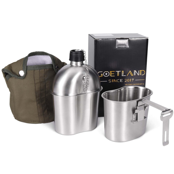 Goetland Edelstahl US Feldflasche Wasserflasche Trinkflasche 1L mit 0,5 L Becher Stofftasche für Cam