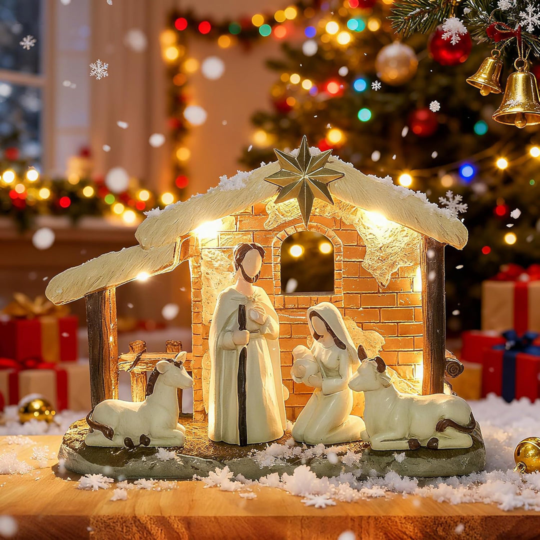 Topsky Krippenfiguren Set – Weihnachtskrippe mit Beleuchtung, 5pcs Krippenset Handbemalt – Weihnacht
