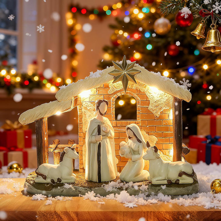 Topsky Krippenfiguren Set – Weihnachtskrippe mit Beleuchtung, 5pcs Krippenset Handbemalt – Weihnacht