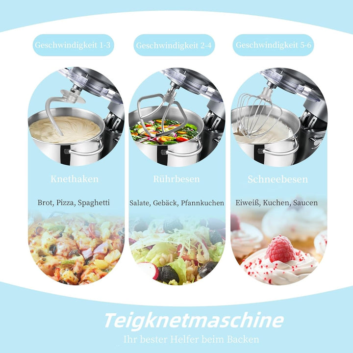 Kitchen in the box Küchenmaschine, 6,2 L Knetmaschine 1400 W, 6 Geschwindigkeits Teigmaschine mit Rü