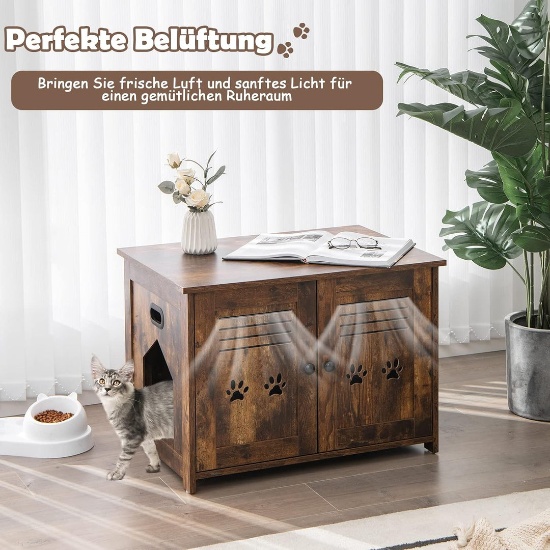 GOPLUS Katzenschrank, Katzentoilette mit seitlichem Eingang, 2 Türen, 2 in 1 Katzenhaus und Couchtis
