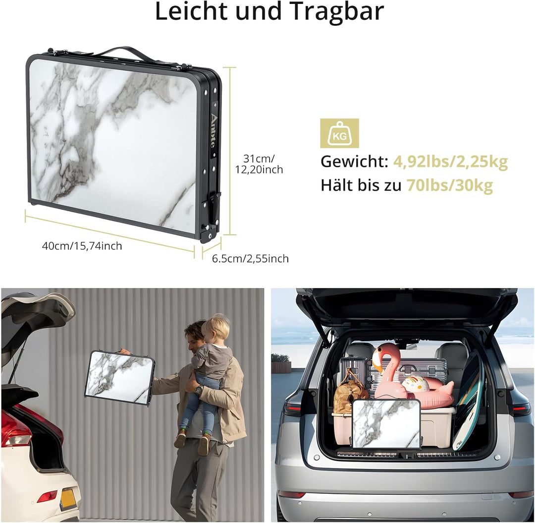 Anbte Campingtisch Tragbar 58x40x70 cm aus Alu, Marmorplatte mit 3 Verstellbare Höhe, Balkontisch Bi