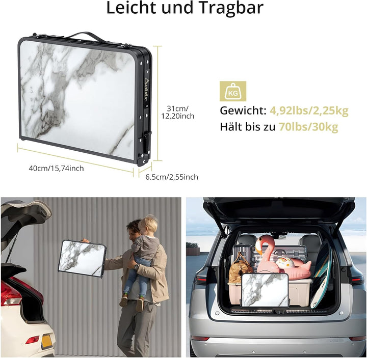 Anbte Campingtisch Tragbar 58x40x70 cm aus Alu, Marmorplatte mit 3 Verstellbare Höhe, Balkontisch Bi