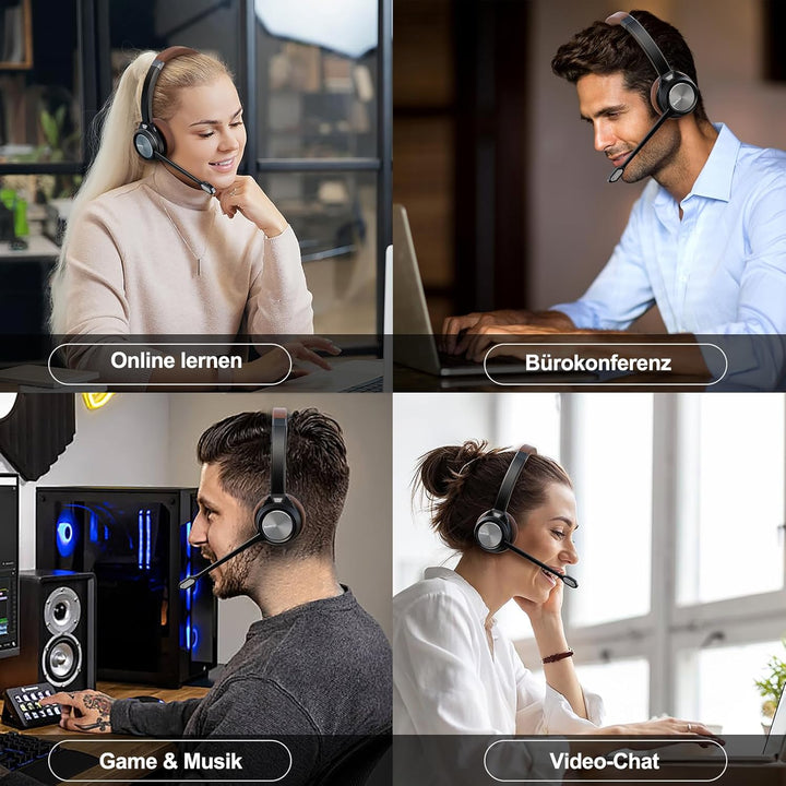 Bluetooth Headset mit Mikrofon, Wireless Headset mit Ladestation & USB Dongle für PC, 40 Stunden Spr