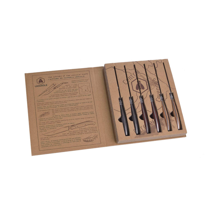 LAGUIOLE - Box 6 Steakmesser - Pakka Holzgriff 3 Farben sortiert - Edelstahl - Karton-Geschenkbox mi
