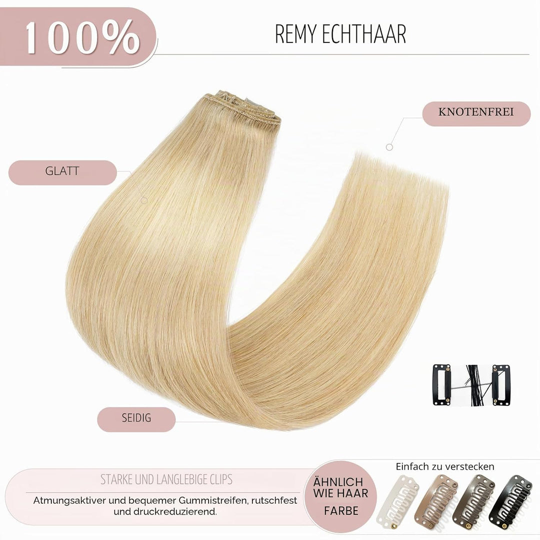 SEGO Clip in Extensions Echthaar Haarverlängerung Haarteil 8 Tressen leicht hitzebeständig glatt Mit