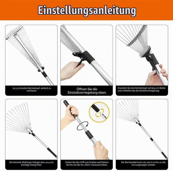 Laubrechen,Gartenrechen mit 2.15M Verstellbare Metallstange und Handschuhe,Laubbesen,Fächerbesen Met