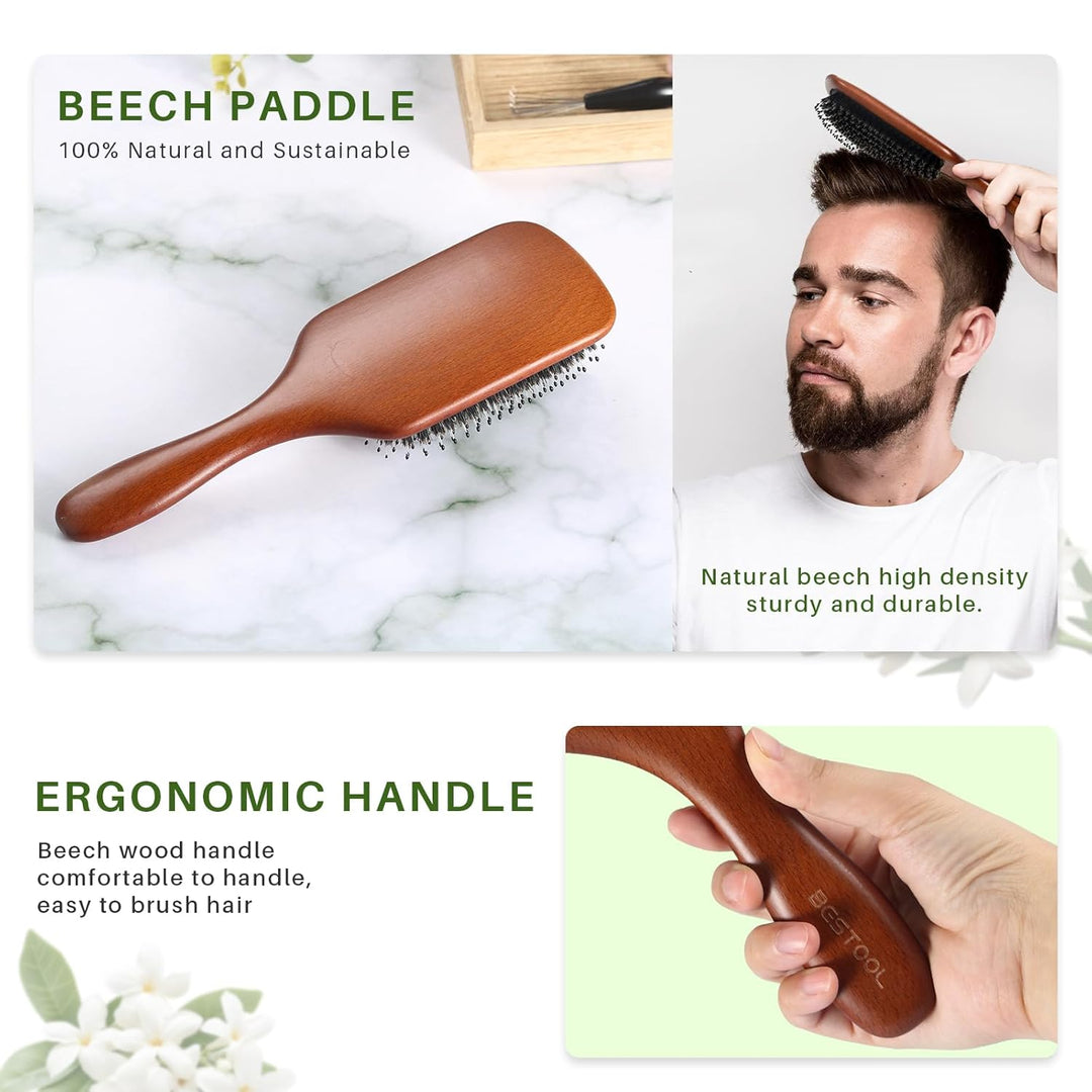 BESTOOL Haarbürste, Wildschweinborsten Bürste mit Nylonstiften für Damen Herren Kinder, Grosse Paddl