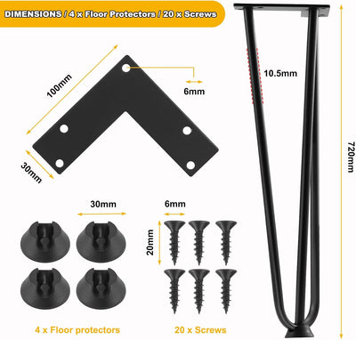 Knpwer 4 Stück Haarnadel Tischbein 72 cm,3 Stangen Haarnadel Füsse,DIY Black Hairpin Couchtisch Bein