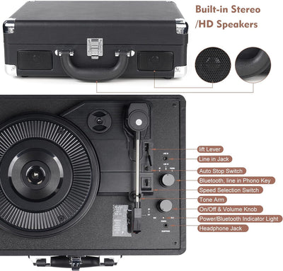 DIGITNOW! Belt-Drive 3 Gang Portable Stereo Turntable with Built-in Speakers, Supports RCA Output/3.