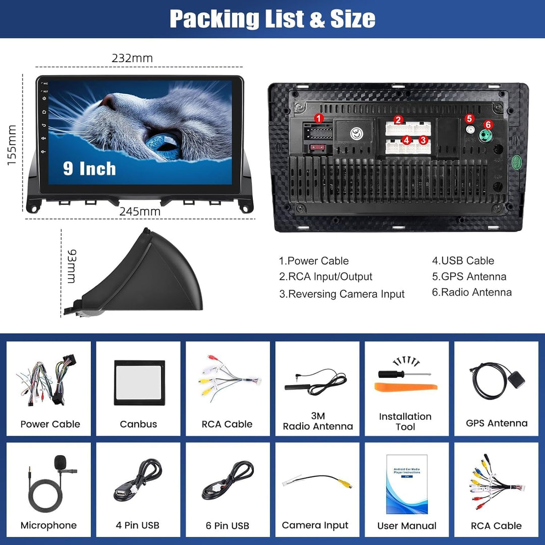 CAMECHO 8 Core 4G+64G Android 13 Autoradio für Mercedes-Benz C-Class W204 S204 2007-2010 mit Navi Wi