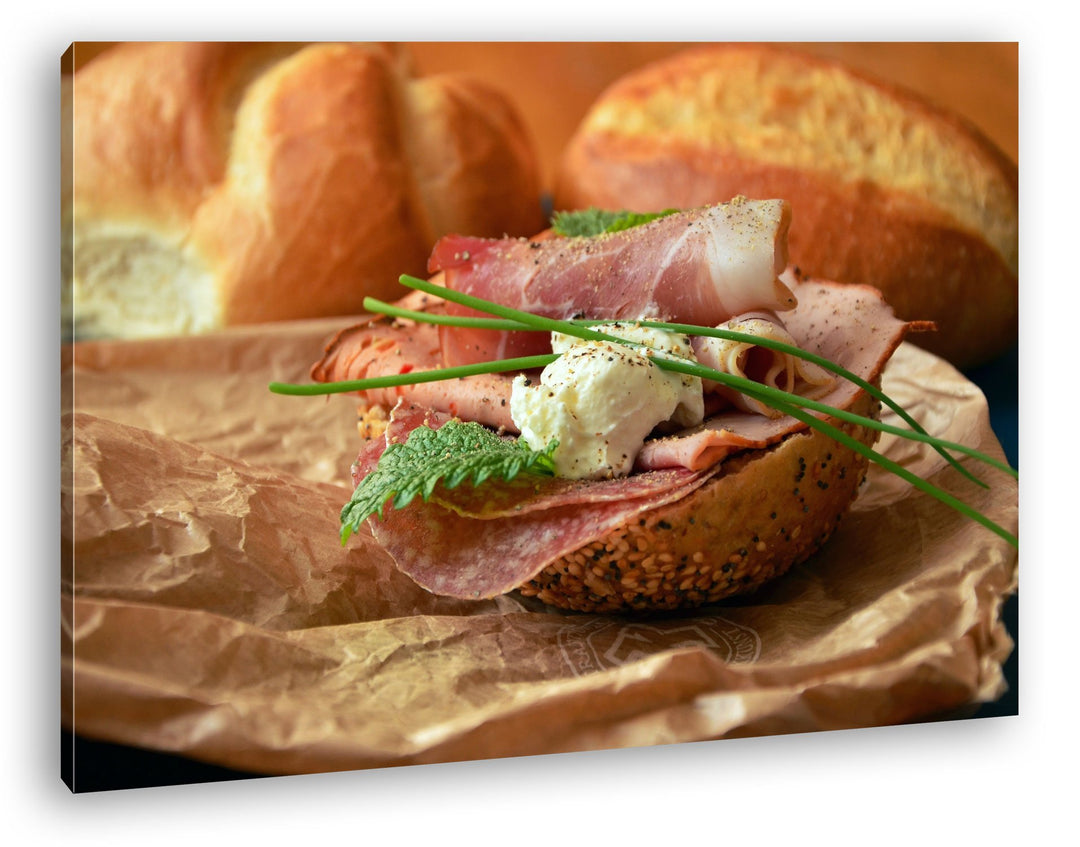 deyoli Brötchen mit Wurst Format: 80x60 als Leinwandbild, Motiv fertig gerahmt auf Echtholzrahmen, H