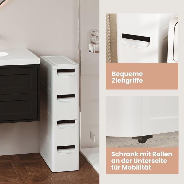 Schmaler Badezimmerschrank auf Rollen, Schmaler Badezimmerschrank mit 3/4/5 Schubladen, Mobiler Schu
