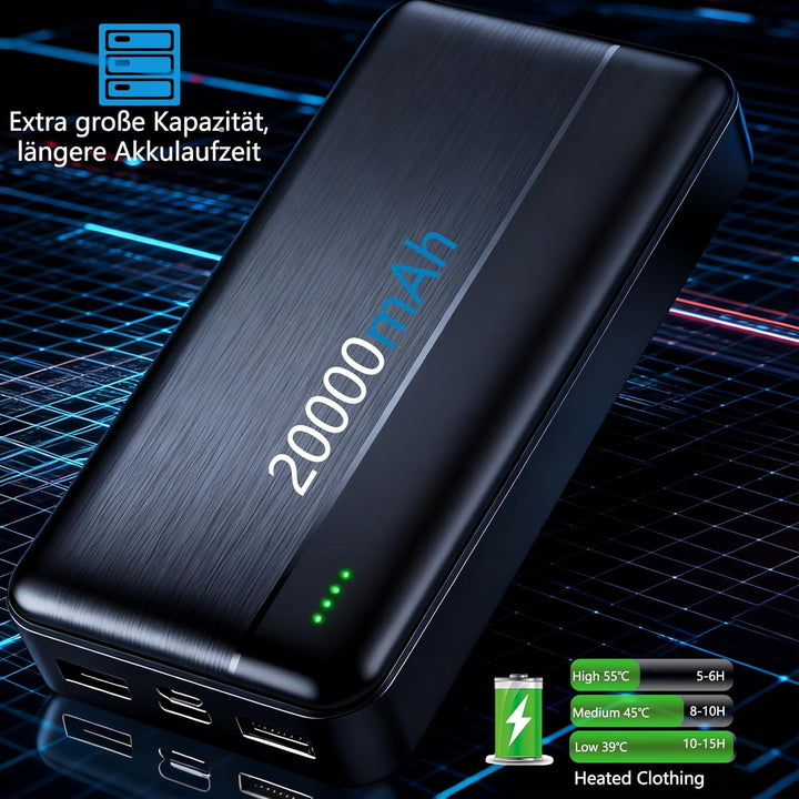 Ahigh 20000mAh Akku für Beheizte Weste, 5V 2A Externe Akku Powerbank für Heizweste, Jacke, Hose, Man