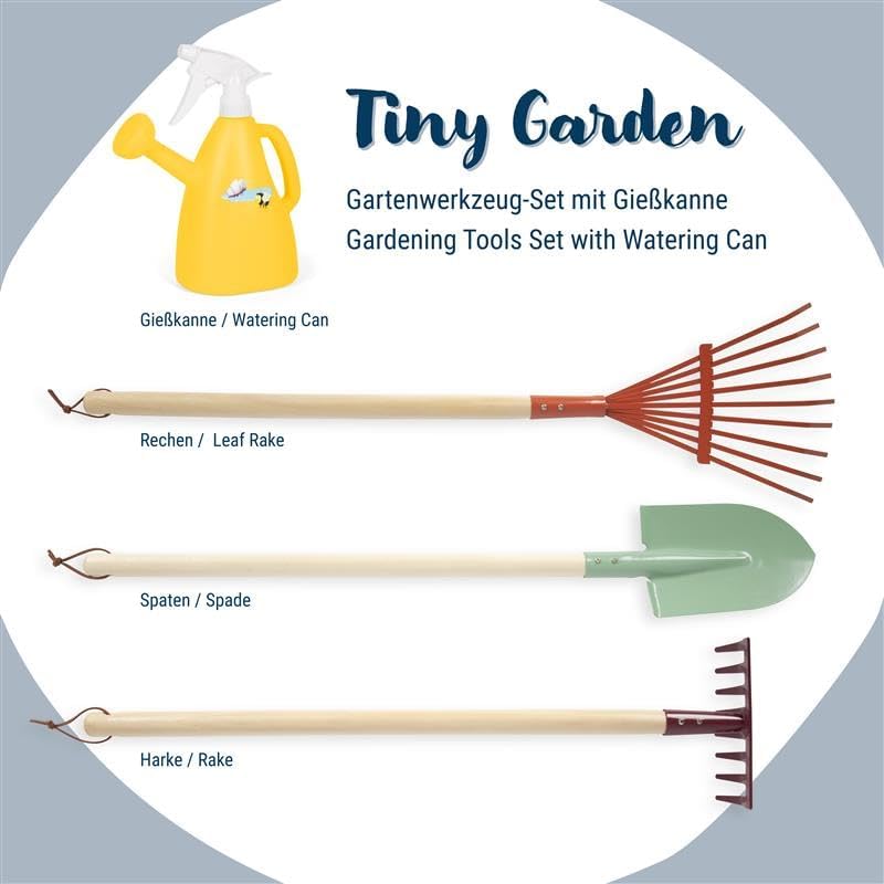 Small Foot Gartenwerkzeug-Set mit Giesskanne „Tiny Garden“, Gartenset mit 2-in-1 Giesskanne und robu