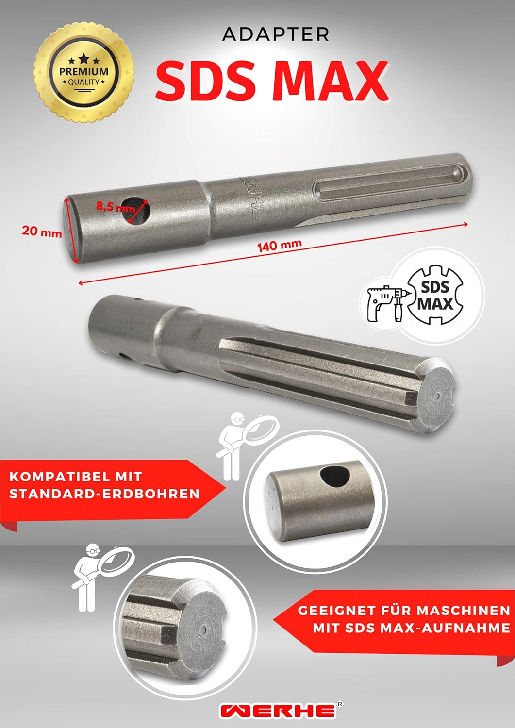WERHE Profi Adapter für Erdbohrer passend für SDS MAX Bohrmaschine Akkubohrmaschine Bohrhammer Pfahl