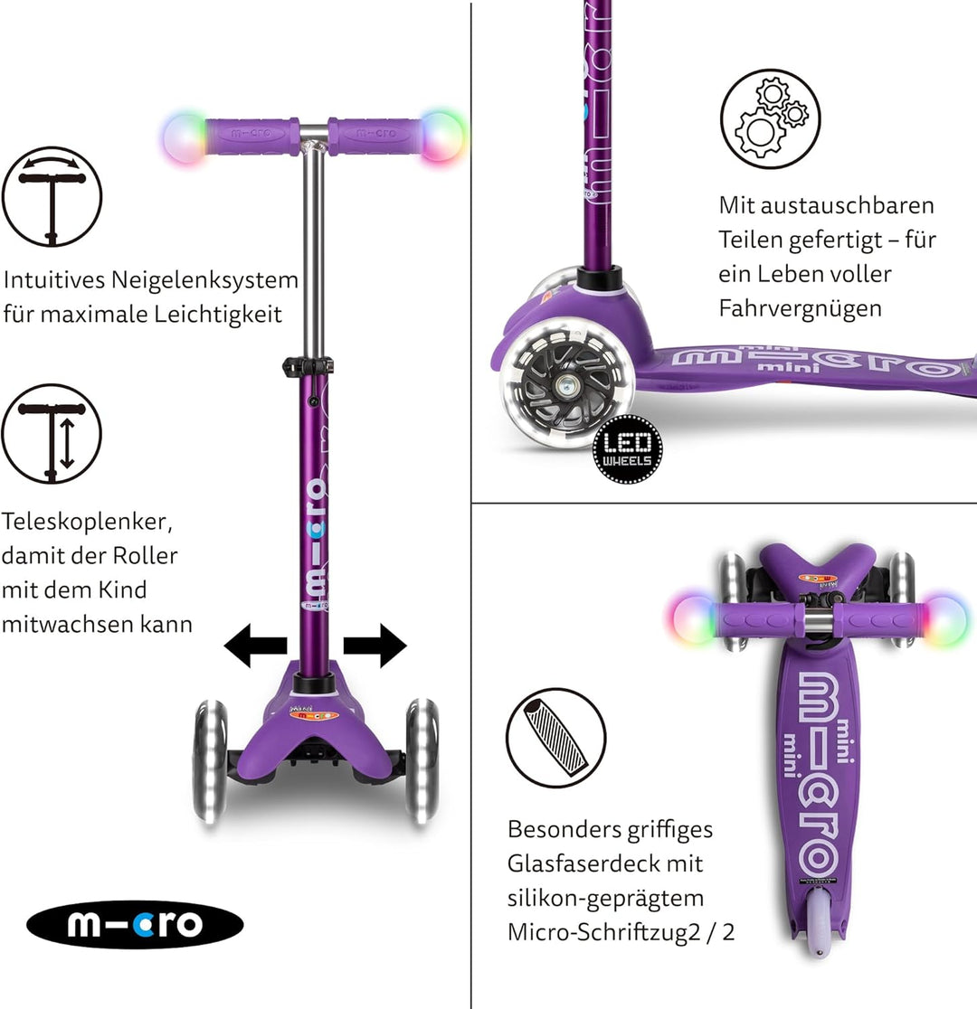 Micro Mini-LED-Lenker mit 3 Rädern für Kleinkinder, 2–5 Jahre, neigbar und schlank, für Kleinkinder